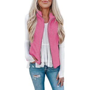 Women's Hot Pink Sherpa Fleece Jacket Lightweight Vest Cozy Sleeveless Cardigan